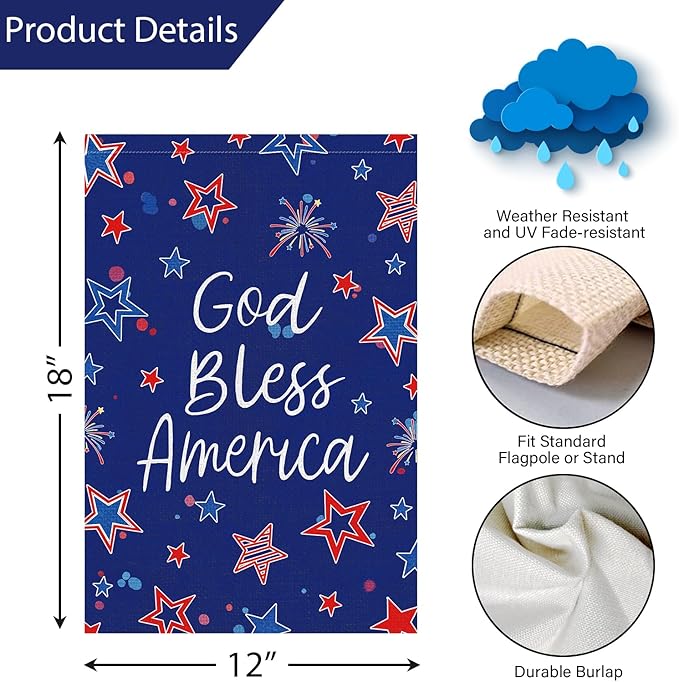 Louise Maelys God Bless America Garden Flag 4th of July Patriotic Independence Day 12x18 Inch Double Sided Stars and Stripes Small Burlap Yard Sign Outside Outdoor House Decoration