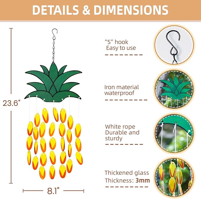 X-PREK Pineapple Wind Chimes for Outside, Unique Stained Glass Wind Chimes Garden Decor, Windchimes Outdoors Suncatcher Gift for Women, Mom, Grandma