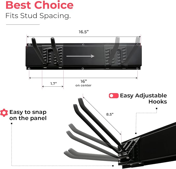TIDYME Garage Tool Organizer Wall Mount | 64-Inch Garage Wall Organizer & Folding Chair Rack | Heavy-Duty Tool Hanger System | 12-Piece Kit with 4 Steel Rails & 8 Adjustable Hooks | 400 lbs Capacity