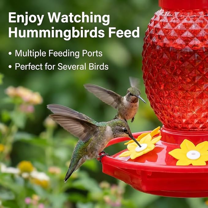 Glass Hummingbird Feeders for Outdoors Hanging Ant and Bee Proof 16OZ 1 Pack Red Pineapple Humming Bird Feeder with 6 Feeding Ports and Ant Moat Hummingbird Gifts for Women Garden Decor