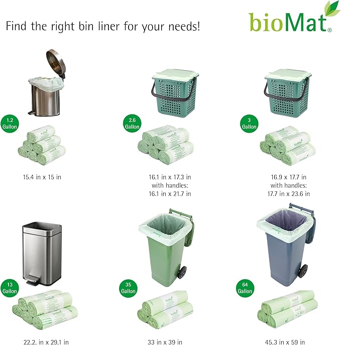bioMat 3 Gallon Compostable Food Scrap Bags with Handle Ties, 125 Count, Compost Bags for Kitchen Compost Bins, BPI ASTM D6400 and CMA Certified Biodegradable Trash Bags