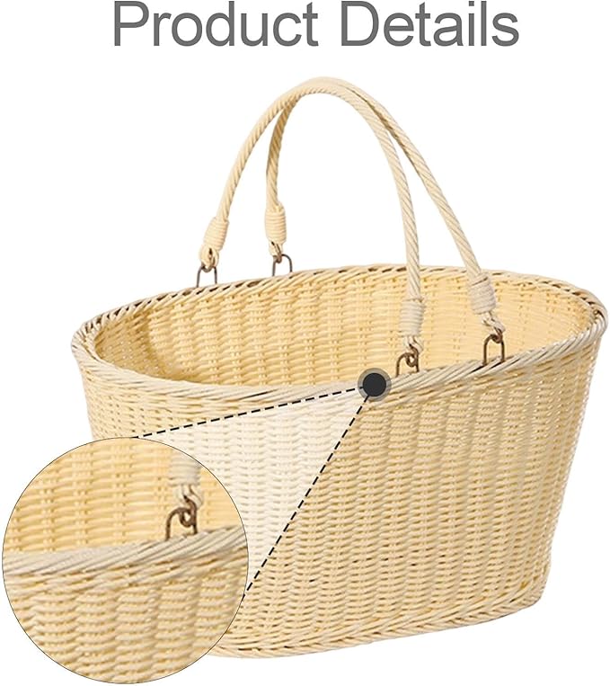 MYCENSE Wicker Picnic Storage Basket with Foldable Handle, PP Woven Empty Picnic Baskets, Sturdy Iron Wire Frame, Versatile Harvest Basket for Camping, Beach, Park, Halloween, C 35x27x17cm