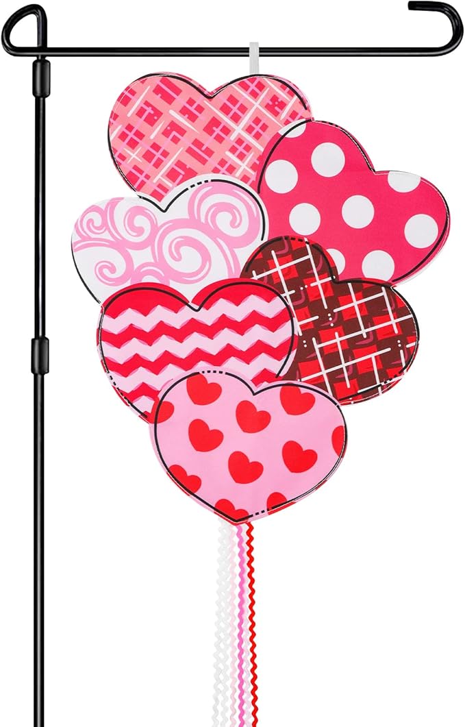 Valentine Garden Flag Outdoor Decorations for Outside Double-Sided Printed, Pink Red White Heart Valentine's Day Yard Flags House Yard Spring Seasonal Decoration 16 x 39.5 Inch Striped Plaid