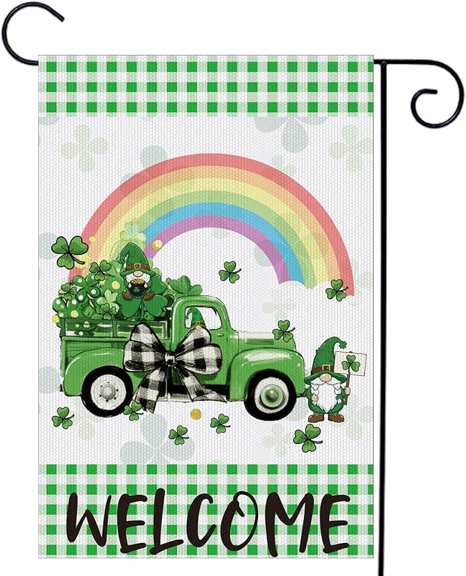 St Patrick's Day Garden Flag, 12x18 Inch Lucky Clovers Bow Double Sided Flag for Courtyard Decoration, St Patrick's Day Cute Truck Gnome Outside Banner Party Decorations for Home