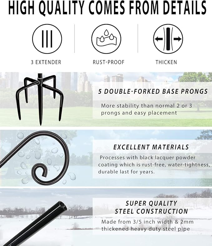 Outdoor Shepherd Hooks 76 inch Tall for Bird Feeder (2 Packs), Adjustable Metal Garden Poles for Hanging Plants Solar Light Lantern, Bright Black