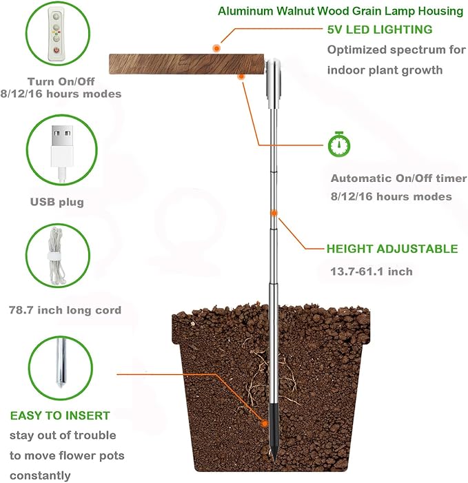 Plant Grow Light,yadoker LED Growing Light Full Spectrum for Indoor Plants,Aluminum Walnut Wood Grain Plant Lights,Height Adjustable, Automatic Timer, 5V Low Safe Voltage,Idea for Large Plant Light，