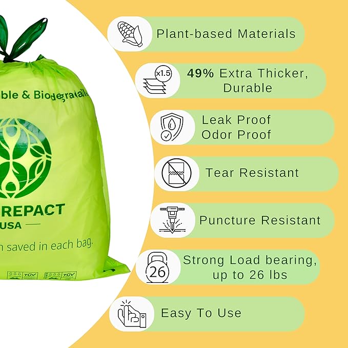 Extra Thick 1 MIL Compostable Trash Bags, Drawstring, 3.2 Gallon - Heavy Duty, Ultra Durable,Leak Proof, Kitchen Compost Bin Compatible, 50 Count