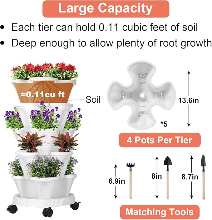 GameXcel Vertical Planter 5 Tier Stackable Planters Garden Planters Strawberry Herb Flower and Vegetable Planter Indoor Outdoor Gardening Pots with Removable Wheels and Tools White