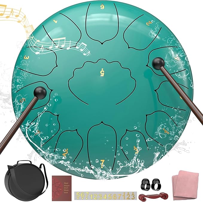 D Major Steel Tongue Drum Handpan, 12 Inch 13 Note Rain Drum for Outside Garden, Meditation Rain Chime, Musical Percussion Instrument for Adult Gift with Bag, Music Book, Drum Mallets (Lake Blue)