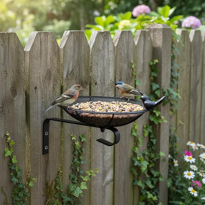 Metal Tray Bird Feeder - Spring Heavy Duty Mesh Seed Tray for Wild Birds Hummingbird, Wall Tree Fence Table Mountable Platform Feeder with Hanging Hook in Deck Balcony Garden Backyard