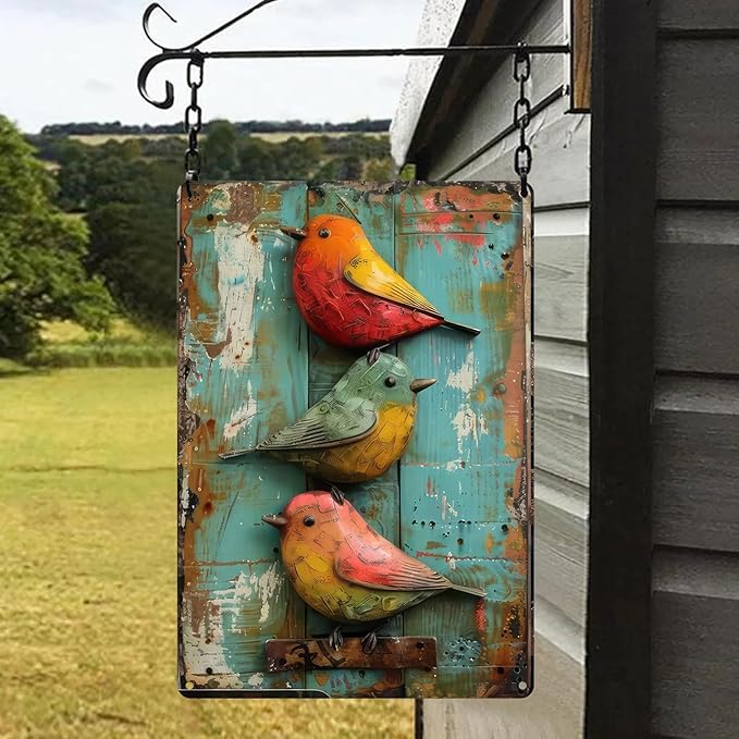 Vintage Cute Birds Metal Sign Retro Bird Tin Plate Wall Decor Rustic Tin Painting for Home Bedrooms Yard Bars Pubs Gardens Patios Porches 8x12 Inch