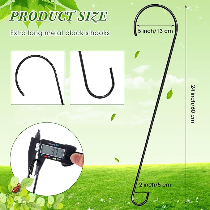 24 Pack 24 Inch Long S Hooks for Hanging Plants, Heavy Duty Metal Tree Branch Hangers Extenders for Bird Feeders Flower Baskets Wind Chimes Black Vinyl Coated Garden Hook