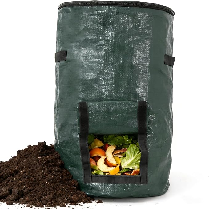 Compost Bin Bags, Outdoor Reusable Yard Waste Lawn Bags, Heavy Duty Garden Composting Garbage, Outdoor Container with Zipper Lid and Handles for Loading Leaf Trash, Green