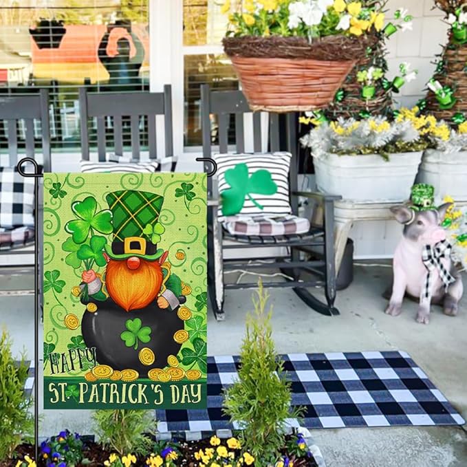 Happy St Patricks Day Gnome Garden Flag Burlap 12x18 Double Sided, Green Leprechaun Hat Shamrock Lucky Clover Holiday Party Sign Small Flags Yard Outdoor Decorations DF656