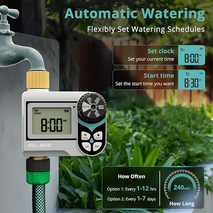 QUOBAS Ball Valve Sprinkler Timer, Programmable Water Timer for Garden Hose Faucet with Brass Ports, Rain Delay/Manual/Automatic Irrigation System, Zero Water Pressure Watering Compatible Rain Barrel