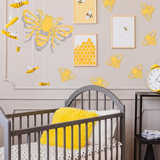Yookeer 8 Pieces Wooden Bee Decor Wall Art Farmhouse Queen Bee Wall Sculpture Hanging Sign for Indoor Outdoor Garden Yard Lawn Decoration Spring Party Supplies(Gold)
