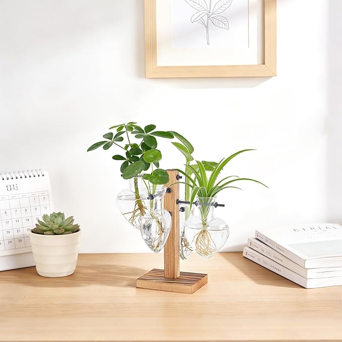 Mkono Heart Shaped Propagation Station with Wood Stand, Glass Hydroponic Planter Desktop Plant Terrarium for Home Office Decor, Gifts for Plant Lovers - 4 Love Bulb Pot Vase