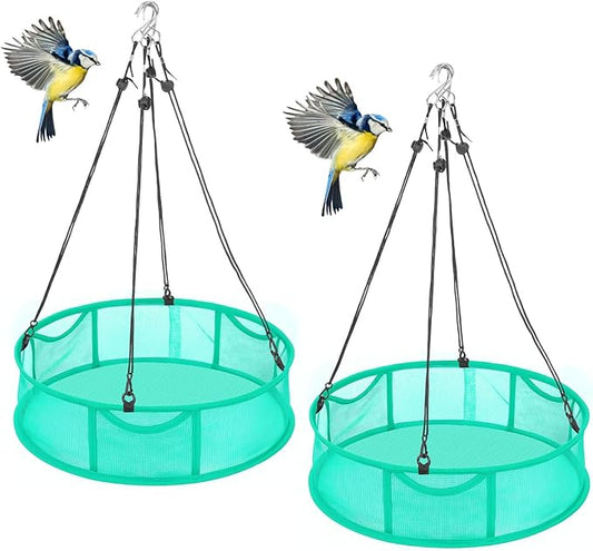 2 Pcs Bird Seed Catcher Trays, 16 Inch Green Spill Guard Platform for Hanging Feeders, Windproof Mesh Seed Hoop with Hooks, Outdoor Feeder Accessory
