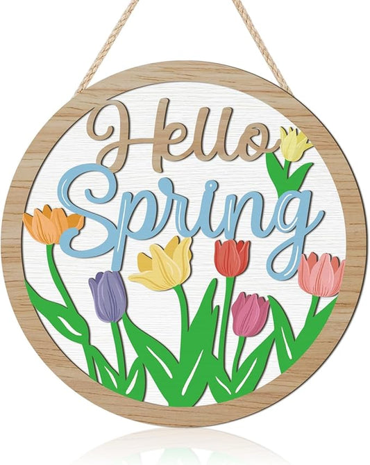 HOURIA 3D Bright Hello Spring Front Door Decor,11.4”Inches Colorful Tulip Flower Wood Hanging Sign for Wreath,Rustic Farmhouse Spring Floral Welcome Decorations for Indoor Outdoor Home Porch Office