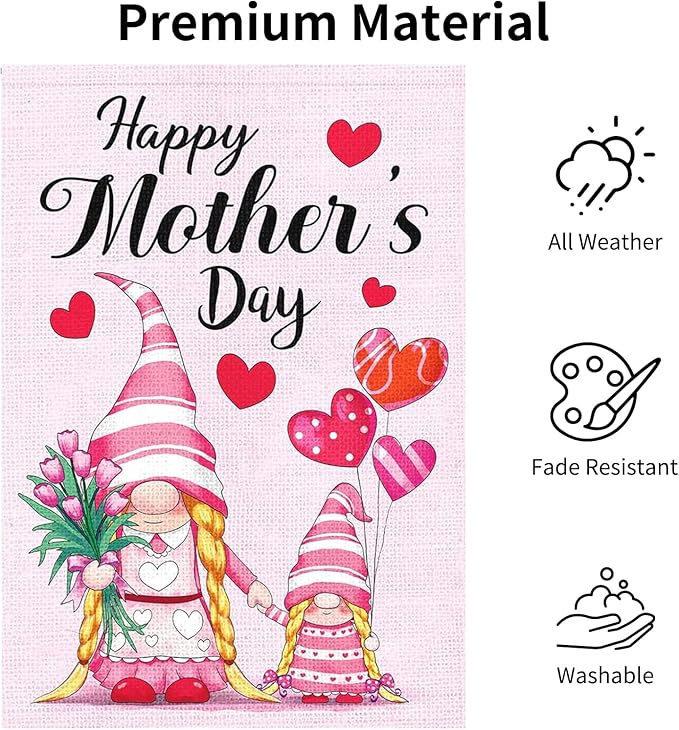 Mother's Day Garden Flag 12x18 Inch - Cute Gnome Mother & Daughter with Tulips & Hearts, Double-Sided Outdoor Decor for Patio Yard Mother's Day Gifts