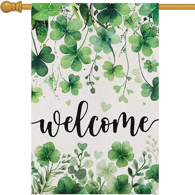 Louise Maelys St Patrick's Day Garden Flag Shamrock Clover Welcome 28x40 Inch Double Sided Large Burlap Love Heart Saint Patricks Spring Holiday Yard Outdoor Sign Outside House Decor