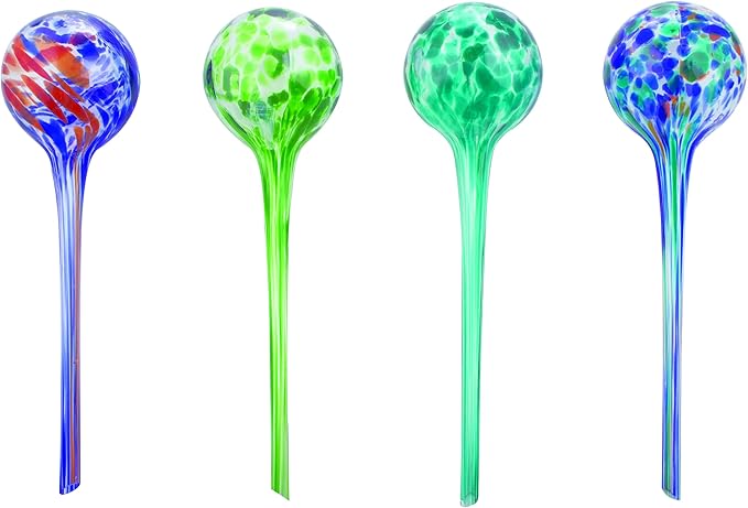 4-Piece Watering Globe Set, Colorful Hand-Blown Glass Plant Watering System