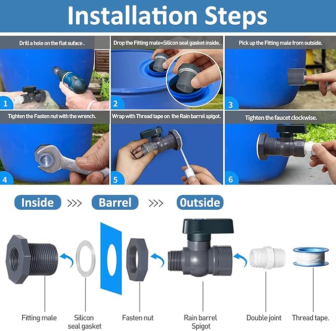 4 Pack Rain Barrel Spigot Kit with PVC Bulkhead Fitting Water Barrel Spigot Garden Hose Bulkhead Fitting with Hose Faucet Adapter and Thread Seal Tape for Garden,Aquariums,Water Tanks,Tubs,Pool