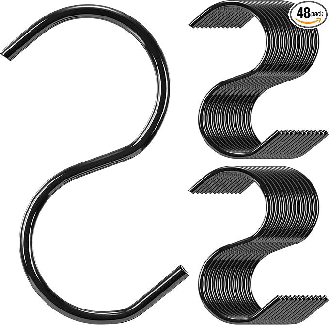 48 Pack 3.5 Inch Small S Hooks for Hanging Plants, Mini Black Metal Hangers for Kitchen Cups Mugs Utensils Jewelry DIY Crafts Vinyl Coated Non-Slip Utility Hooks