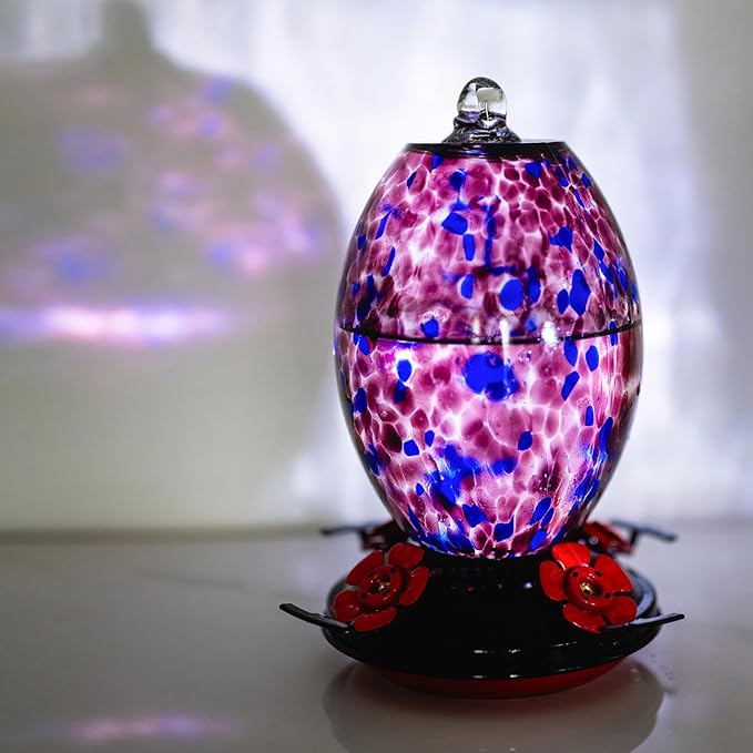 Muse Garden Glass Humming Bird Feeders for Outdoors - 27OZ Blown Glass Hummingbird Feeder - Unique Gift Mom Women Grandparents, Outdoors Hanging Garden Decor, Includes Ant Moat & Brush, Purple