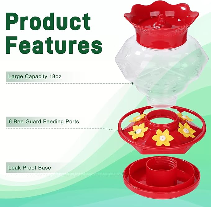 Hummingbird Feeders for Outdoors Hanging Ant and Bee Proof, 18OZ Diamond Humming Bird Feeders for Outside Circular Perch with Leak Proof & 6 Feeding Ports, Gifts for Women,2 Pack Plastic