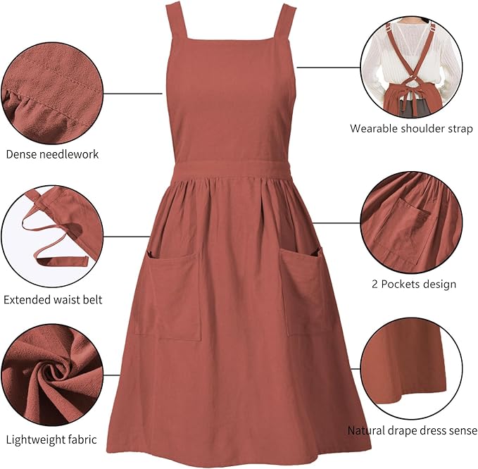 Cotton Linen Pinafore Apron Dress for Women with Pockets Cute Art Chef Aprons for Kitchen Baking Gardening Painting