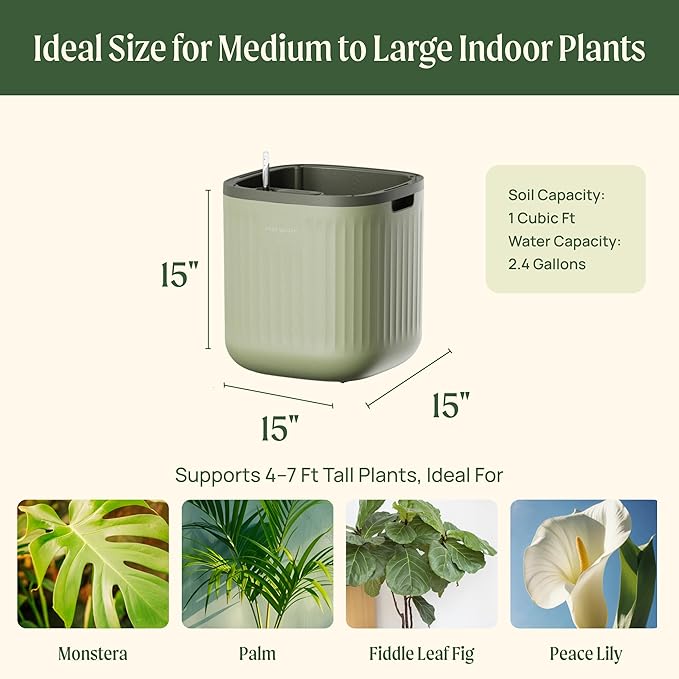 15 Inch Self-Watering Planter for Indoor Plants – Large Modern Plant Pot with Built-In Water Reservoir, Ideal for Monstera, Fiddle Leaf Fig, Palms & Peace Lily, Without Trellis, Sage Green