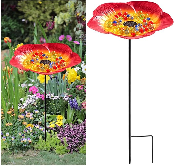 Tandefio Vivid Flower Bee Watering Station Metal Butterfly Water Feeder Cup with 30 Colorful Glass Marbles Bee Feeder Butterfly Bath Bowl for Garden Outdoor Yard Decors(Red,Flower)