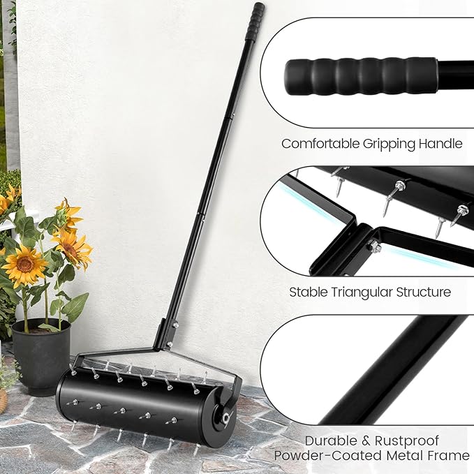 Goplus Rolling Lawn Aerator, 21-Inch Garden Yard Rotary Push Tine Filled Sand Stone, Heavy Duty Spike Soil Aeration w/Metal Handle, Fillable Drum 51" Manual Lawn Aeration Tool Garden Grass Patio Yard