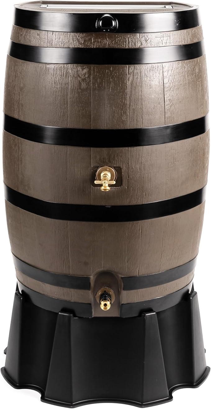 RTS Home Accents 50-Gallon Dual Spigot Rain Barrel, Flat Back Rain Water Collection Barrel, Stand Included, Woodgrain with Black Stripes