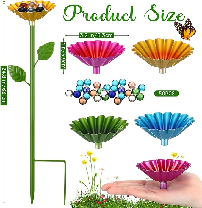 Baderke 4 Pack Bee Watering Station, Metal Butterfly Pollinator Water Feeder with Flower Design, Colorful Bee Bath Bowl with 50 Glass Marbles, Butterfly Watering Station for Outdoor Garden Yard Decor