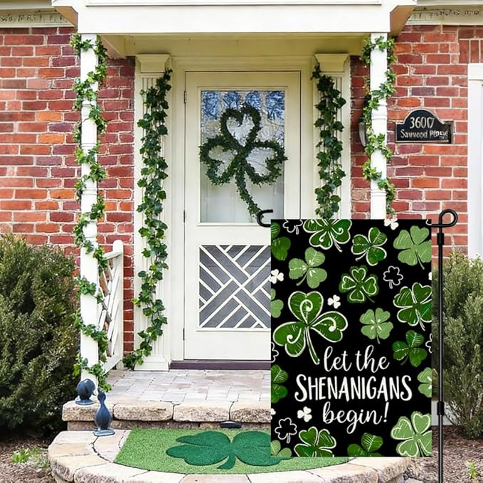 St Patricks Day Garden Flag 12x18 Inch Double Sided Outside, Let the Shenanigans Begin Shamrock Outdoor Yard Flag Green Lucky Clover Holiday Decoration