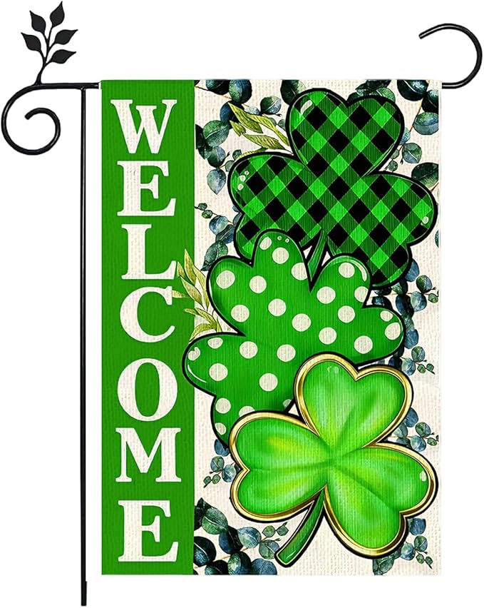 St Patricks Day Welcome Garden Flag 12x18 Inch Vertical Double Sided Outside Green Clovers Decoration Burlap Holiday Yard Flag