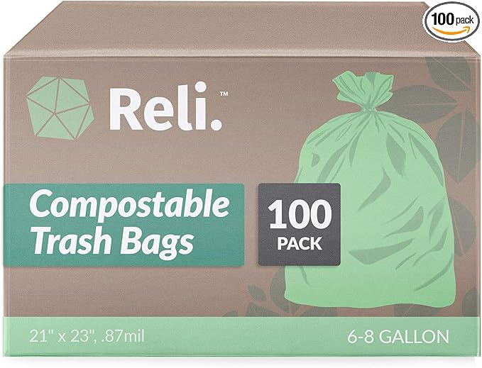 Reli. Compostable 6-8 Gallon Trash Bags | 100 Count | ASTM D6400 | Green | Eco-Friendly | For Compost