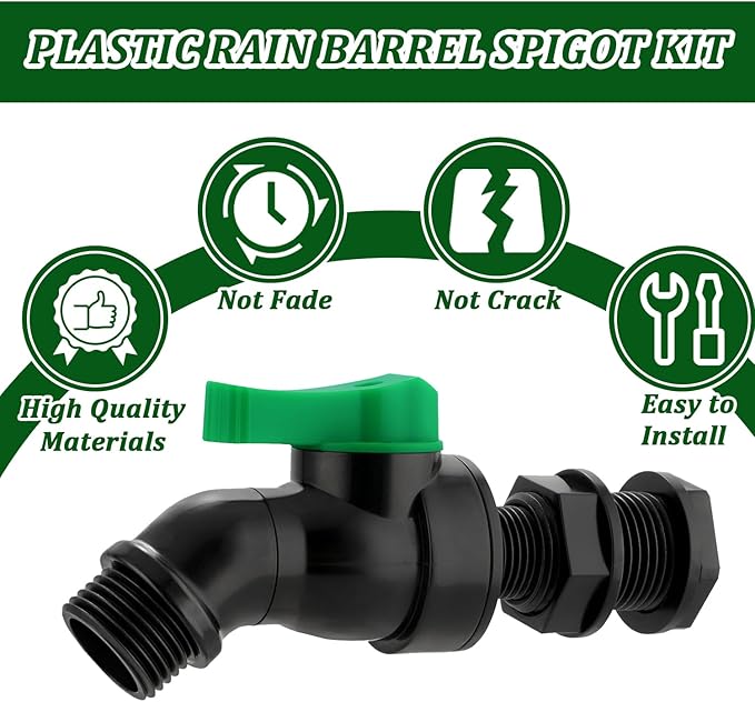Plastic Rain Barrel Spigot Kit - High Flow Water Barrel Faucet with Bulkhead Fitting, 1/2" NPT to 3/4" GHT Leak-Proof Rain Barrel Spigot with Seal Tape & Gasket for Water Tank, Garden Barrel