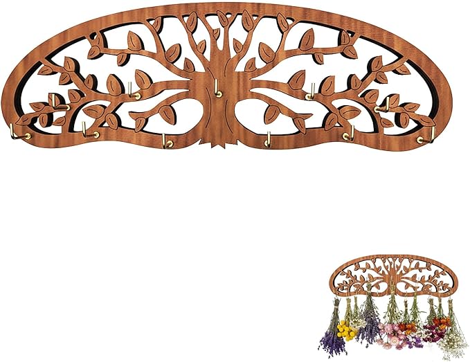 Herb Drying Rack - Wall Mounted, Tree of Life Wooden Hanging Holder for Kitchen Witch Decor, Apothecary Decor & Herbalist Supplies, Rustic Wall Art for Kitchen, Garden