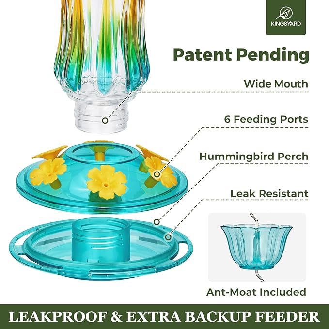Kingsyard Glass Hummingbird Feeders for Outdoors Hanging, 25 oz Leak Proof Hummingbird Feeder with Ant Moat & 6 Bee Proof Feeding Ports, Turquoise
