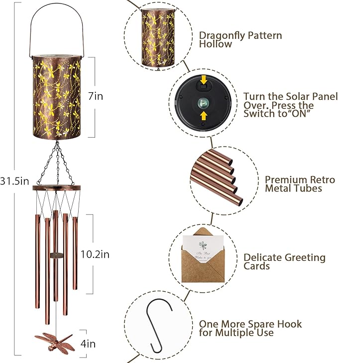 YHmall Solar Wind Chimes for Outside, Dragonfly Gifts for Women Mom Grandma Solar Lantern Windchimes Outdoors, Memorial Wind Chimes for Patio Yard Garden Christmas Decor