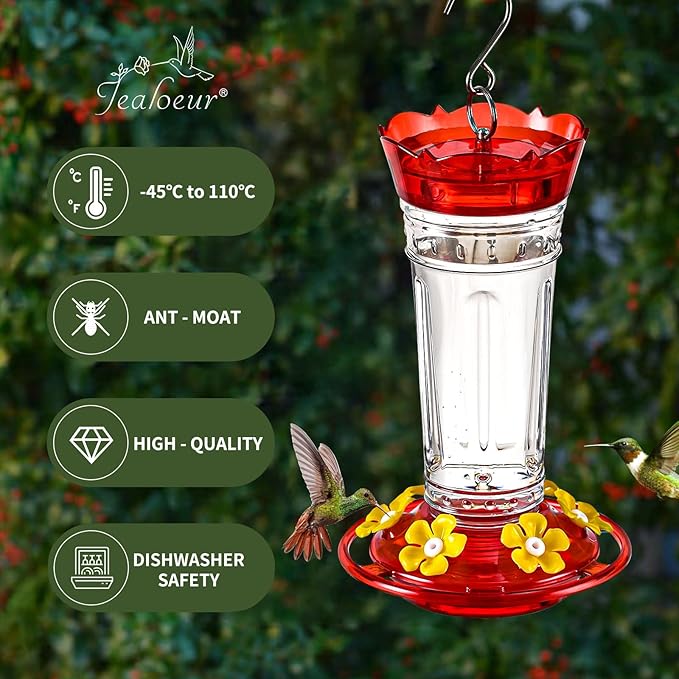 Hummingbird Feeder for Outdoors Hanging, 18 OZ Humming Birds Feeders with 6 Bee Guard Feeding Ports & Built-in Ant Moat, Easy to Clean, Durable Outdoor Garden Decor(Clear B 1 Pack)