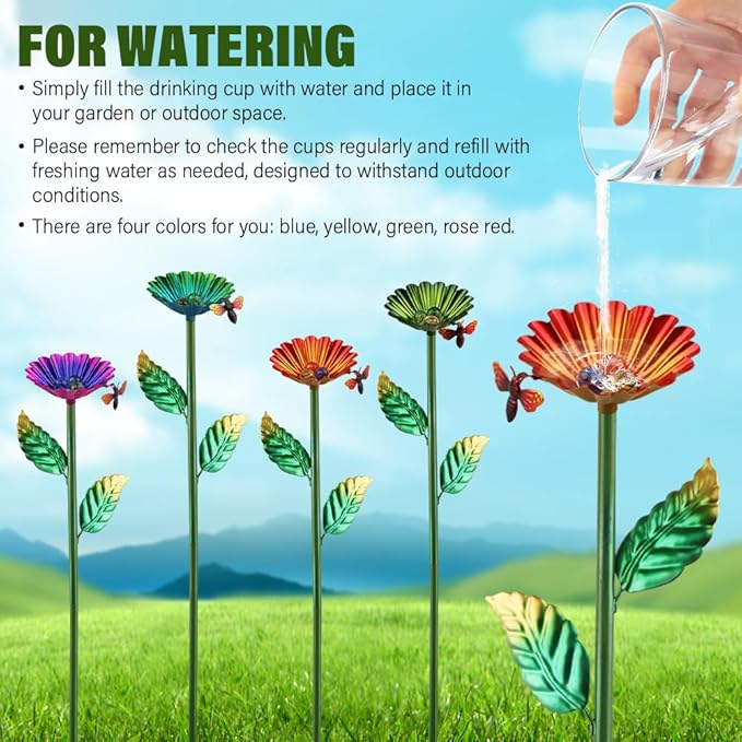 4Pack Bee Watering Station,Metal Bee Bath for Garden with16 Glass Marbles,Butterfly Watering Station for Outdoor Decor in Flower Design,Water Feeder to Attract Pollinators (Colorful,Size:60*8.1*8.1cm)