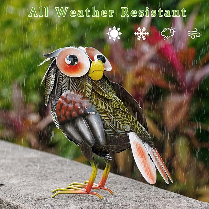 Metal Owl Garden Statue, 9'' Funny Owl Figurine Outdoor Yard Art Decor, Waterproof Owls Decor for Garden, Lawn, Backyard(Grey)