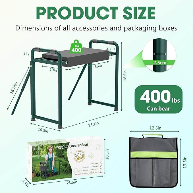 Heavy Duty Garden Kneeler and Seat for Elderly, 400lbs Capacity Foldable Gardening Stool with Support Legs & Thick Pad, Includes Large Tool Organizer Bag, Black (Dark Green)