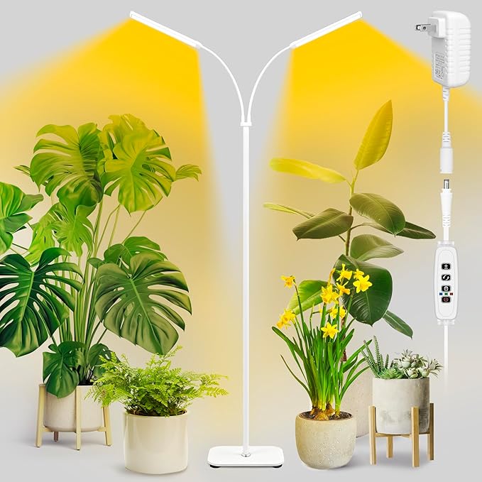Plant Grow Light for Indoor, Full Spectrum Dual Heads Grow Light, 66.5in Extendable Stand,144 LEDs,10-Level Dimmable, Auto Timer, Adjustable Gooseneck Floor Lamp for Tall Large Plants