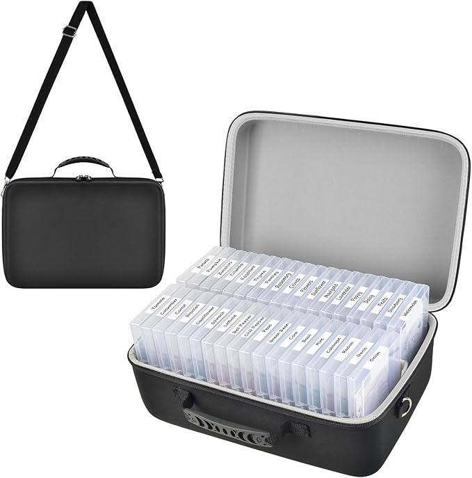 [Boobowl] 36 Slots Seed Storage Organizer, Hard Shell Seed Holder with Labels, Dry Storage Container for Garden Vegetable Seeds, Sturdy Carrying Bag with Handle and Shoulder Strap(Box Only)