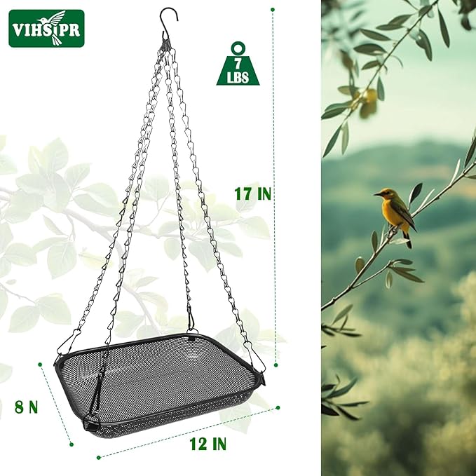 Platform Hanging Bird Feeder for Outdoors – Metal Mesh Seed Tray to Attract Wild Birds, Rectangle 12 x 8 in, Black